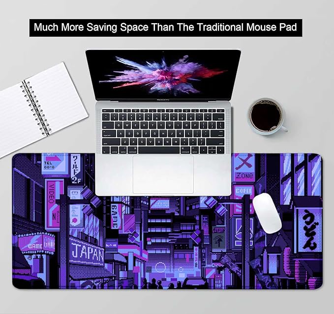 Dark Purple Japanese Anime Desk Mat, Retro Vaporwave Large Gaming Mouse Pad for Laptop Computer, Neon Tokyo Street Pixel Art Full Desk Mouse Pad, XXL Skyline City Mousepad- 35.4 x 15.7 Inch