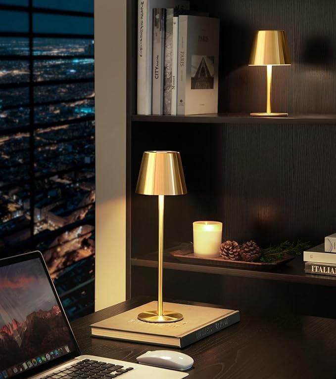 3 Pack Cordless Table Lamp, Portable Battery Operated Lamp with 3 Color Temps and Stepless Dimming, Rechargeable Table Lamp for Dinner, Desk, Cafe, Outdoor (Brushed Gold)