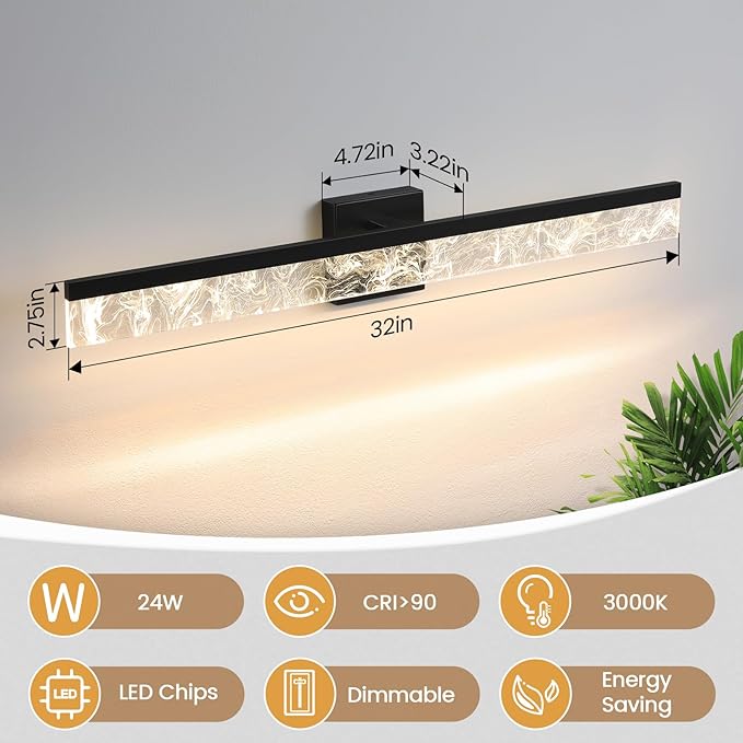 Modern Vanity Lights for Bathroom, 32 Inch Black Bathroom Light Fixtures Over Mirror, 24W Dimmable LED Vanity Lighting Fixtures for Bath Mirror Restroom Bedroom 3000K