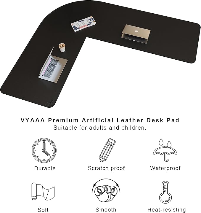 Vyaaa (59"+70.8") x 23.6" L Shaped Leather Desk Pad (Black), Dual-Sided Reversible PU Leather Desk Mat, Extra Large Mouse Pad, Compatible with L Shape Computer Desk for Home or Office
