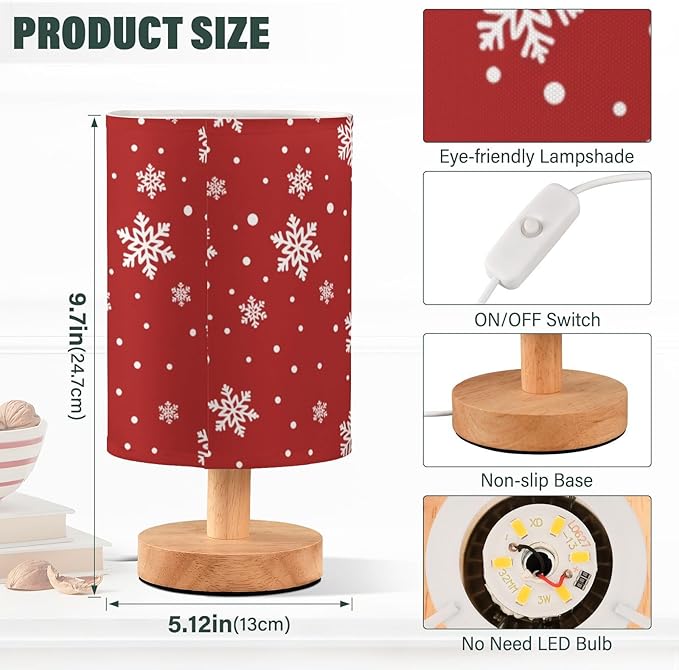 Red Snowflake LED Table Lamp, Bedside Lamp with Linen Lampshade, Flicker-Free Eye Care USB Plug in Nightstand Lamp, for Bedroom and Office