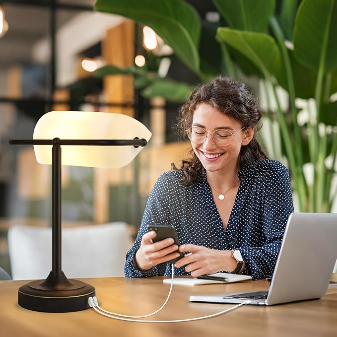 Vintage Desk Lamp Bankers Lamp - Plastic Lampshade Black Retro Table Lamp with USB & Type C Charging Ports Traditional Library Lamp for Home Office Nightstand Bedroom Side Table Lamp-Bulb Included