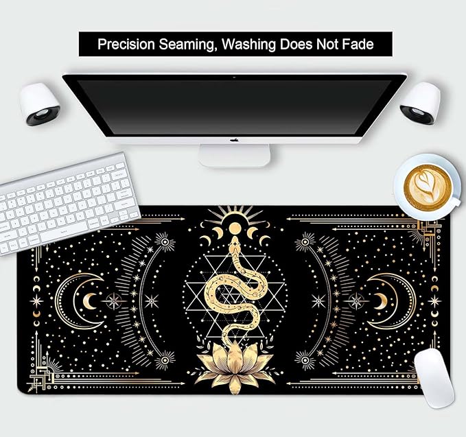 Black & Gold Large Mouse Pad, Boho Snake Witch Desk Mat for Desktop, Women Gaming Full Desk Mousepad, Moon Phases Computer Laptop Protector Writing Pad for School Office Home 35.4x15.7 in