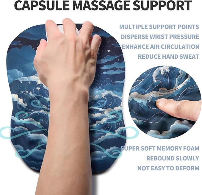 Ergonomic Raised Mouse Pad Wrist Support with Bilateral Slope Memory Foam Mousepad for Wrist Rest and Carpal Tunnel 11.8x7.9〃Indigo Fury Wave