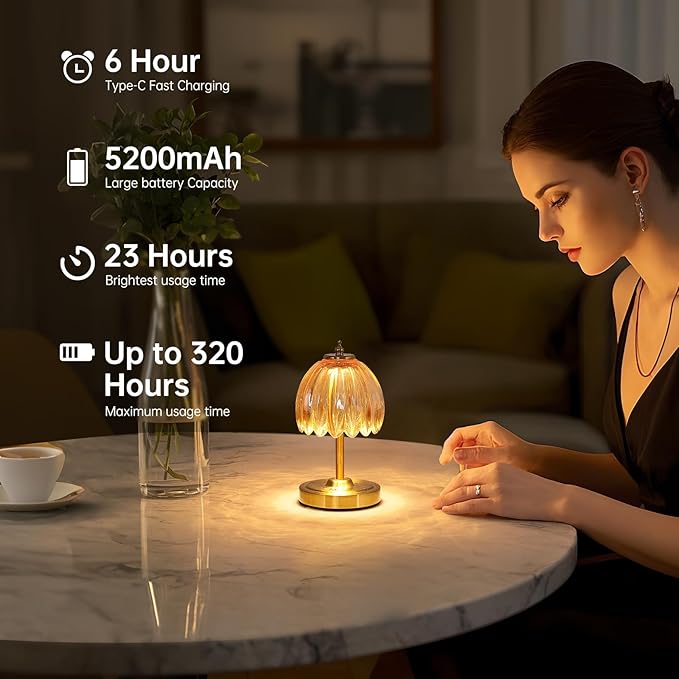 Tulip Small Table Lamp, 5200mAh Cordless Touch Control Mini Table Lamp with 3 Color Temps & Stepless Dimming, Perfect for Small Spaces Like Dressers, Bedsides, Bookshelves (Amber Tulip)