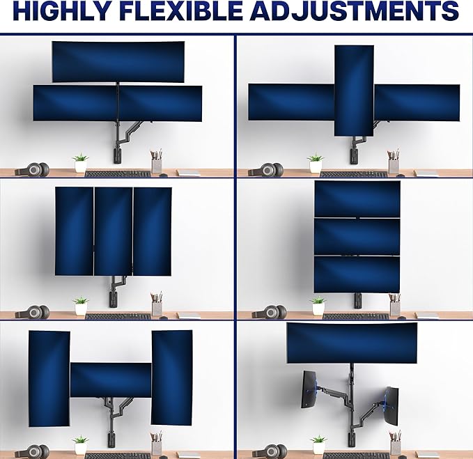 VIVO Pneumatic Arm Triple Ultrawide Monitor Wall Mount for Up to 49 inch Screens with Height Adjustment, Heavy Duty, Holds 3 Ultra Wides Up to 35.2 lbs, Black, MOUNT-VW300D