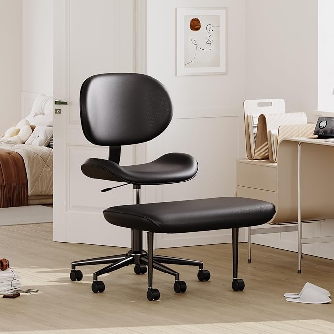 Cross-Legged Office Chair with Footrest, PU Leather Armless Desk Chair, Wide Padded Seat for Cross Leg Sitting, Adjustable Height & Swivel, Modern Home Office Chair, Black