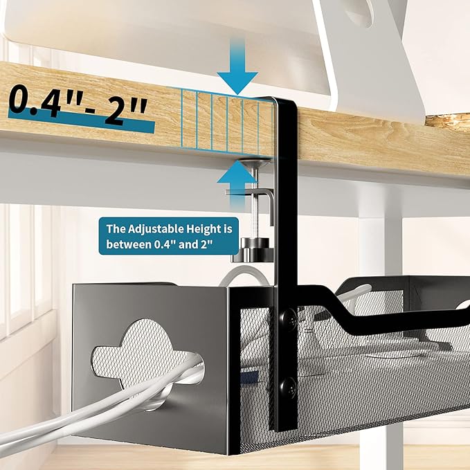 Under Desk Cable Management Tray No Drill, Metal Mesh Cable Management Under Desk with Clamp Mount, 2 Hole Cable Tray with Wire Management and Cord Organizer for Home Office Standing Desk