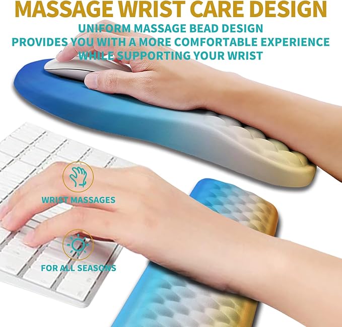 Hokafenle 2 in 1 Ergonomic Mouse Pad Wrist Support & Wrist Rest for Computer Keyboard Set, with Memory Gel Massage Bulge Design (2In1 Set, Morning Sky)