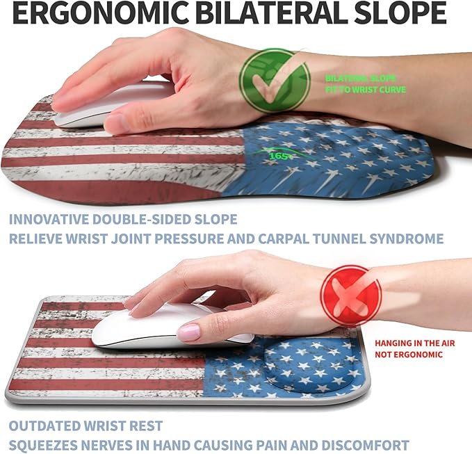 Ergonomic Raised Mouse Pad Wrist Support with Bilateral Slope Memory Foam Mousepad for Wrist Rest and Carpal Tunnel 11.8x7.9〃National Flag