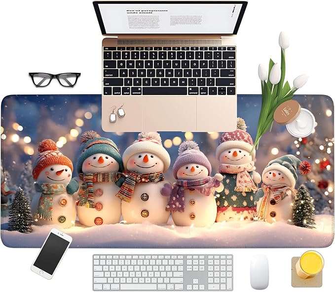 Six Snowmen Extended Gaming Mouse Pad 35.4x15.7Inch Large Desk Mat Anti-Slip Rubber Base & Durable Stitched Edges for Gamers Smooth Mouse Writing Surface for Desk Office/Home