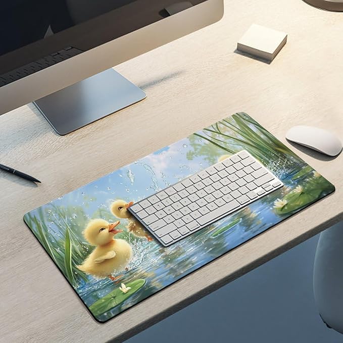 Large Ergonomic Gaming Mouse Pad Playful Ducklings in Pond - Cute Waterfowl Theme with Non-Slip Base Water-Resistant Surface and Stitched Edges 30x60cm
