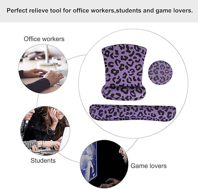 MOSISO Wrist Rest Support for Mouse Pad&Keyboard Set, Leopard Grain Ergonomic Mousepad&Coaster Non-Slip Base Home/Office Easy Typing Cushion with Neoprene Cloth&Raised Memory Foam, Purple