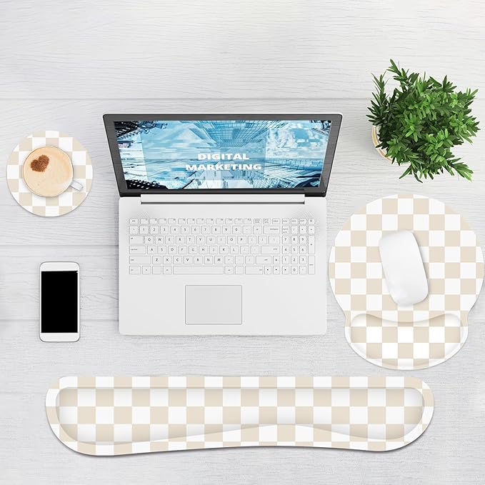 Ergonomic Mouse Pad with Wrist Rest and Keyboard Wrist Rest, Mousepad and Keyboard Pad, Non-Slip Rubber Base, Mouse Pad with Wrist Support for Gaming, Computer, Office, Beige Checkered