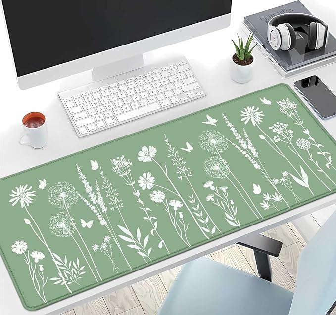 IMAYONDIA Cute Sage Green Desk Mats Mousepad, Plant Floral Anime Deskmat, Aesthetic Desk Pad, Minimalist Mint White Leaves Large Gaming Mouse Pad, Decor Accessories, 31.5 X 11.8