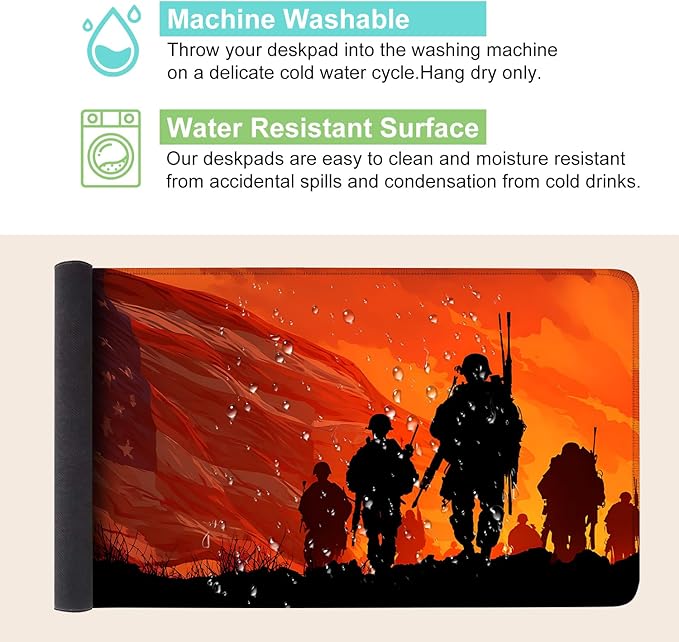 Desk Mat, XXL Extended Gaming Pad for Desktop, 35x16 Inches Patriotic Soldier Silhouette with Flag, Large Non-Slip Vegan Leather Surface Keyboard Mouse Mat for Home Office