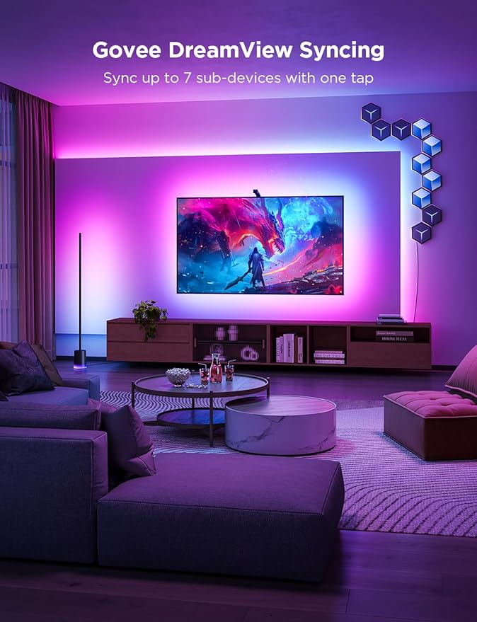 Govee TV Backlight 3 Lite with Fish-Eye Correction Function Sync to 55-65 Inch TVs, 11.8ft RGBICW Wi-Fi LED Strip Lights with Camera, 4 Colors in 1 Lamp Bead, Voice and APP Control, Adapter