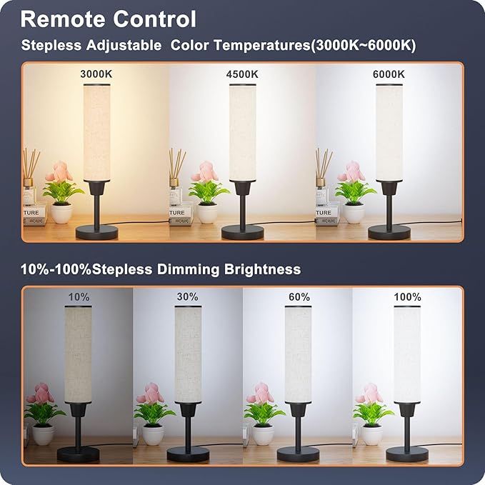 Table Lamp with Remote，Bedside Lamps for Night Stands, Nightstand Lamp with Adjustable Brightness (10%-100%) and Color Temperature (3000k-6000k),Small Lamp for Bedroom (Black - Beige Linen)