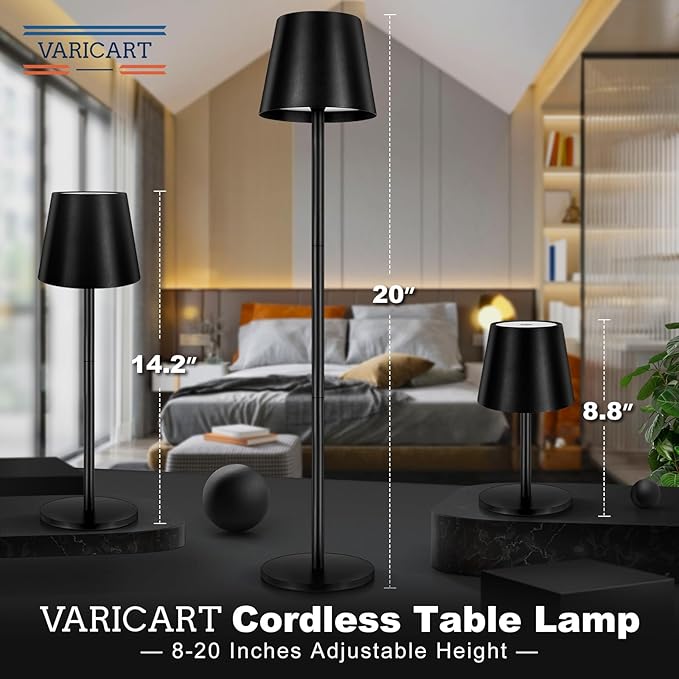 Black Cordless Table Lamp - 8-20 Inches Adjustable Height, 5000mAh Rechargeable Battery LED Desk Lamp, 3 Color Stepless Dimmable, Portable Waterproof Metal Table Light for Indoor/Outdoor