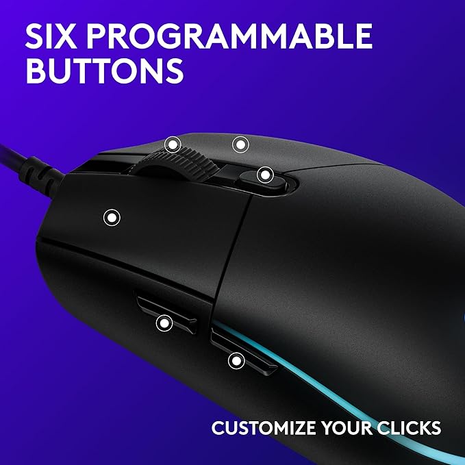 Logitech G203 Wired Gaming Mouse, 8,000 DPI, Rainbow Optical Effect LIGHTSYNC RGB, 6 Programmable Buttons, On-Board Memory, Screen Mapping, PC/Mac Computer and Laptop Compatible - Black