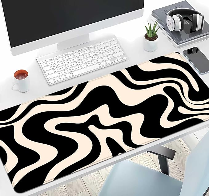 IMAYONDIA Black White Swirl DeskMat, Abstract Ink Liquid Waves Extended Gaming Mouse Pad Large, Retro Abstract Pattern Big Mouse Pad, Long Computer Keyboard Mouse Mat for Home Office Work 31.5x11.8