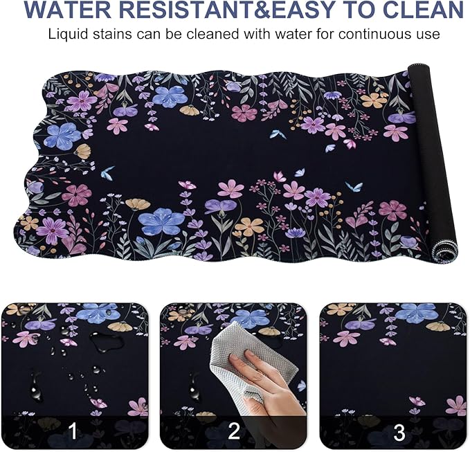 L-SPOUTTO Floral Mouse Pad,Botanical Desk Mat XXL Large Scalloped Black Gaming Mousepad,35.4x15.7in Non-Slip Rubber Base Keyboard Pad Waterproof Desktop Mat for Laptop Computer Game Home Office-Flower