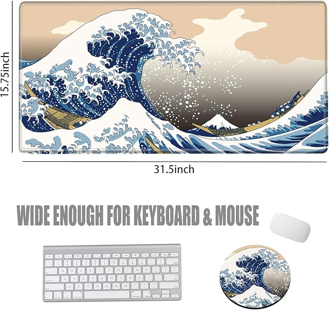 Gaming Mouse Pad Large Mousepad Japanese Sea Wave Desk Mat XXL Big Desk Pad 31.5x15.75 Rubber Base Computer Pad with Stitched Edges Mouse Mat for Work Game Home Office