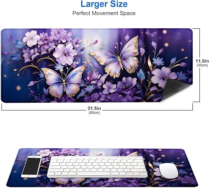IMAYONDIA Gold Butterfly Desk Pad, Purple Flowers Large Mousepad, Floral Desk Mat, Modern Beutiful Extended Mouse Pads for Laptop, Computer Pad for Women Girls Office, 31.5x11.8 in
