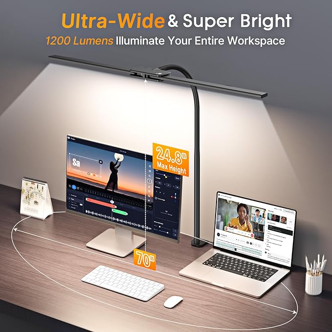 Syrinx LED Desk Lamp for Office Home – Eye Caring Dual Head Desk Light with Flexible Goose-Neck, Clamp, Motion Sensor/Wired Control, 50 Lighting Modes with Memory/Timer, Table Lamp for Study, Drafting