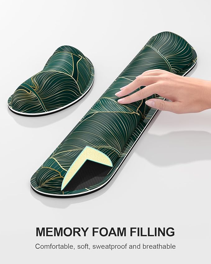 Auhoahsil Large Mouse Pad with Wrist Rests for Keyboard & Mouse, Thick Soft Ergonomic Memory Foam Wrist Supports, Big & Long Desk Mat 35.5 x 15.7 in, for Office Gaming Computer, Tropical Leaf