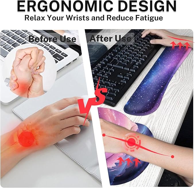 Arttown Dreamy Galaxy Desk Mat Mountains Nebula Mouse Pad Set 4 in 1 Night Sky Ergonomic Design Large Desk Pad + Keyboard Wrist Rest + Mouse Wrist Rest + Coaster Suitable for Home Office Study Game