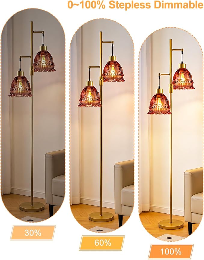 Gold Dimmable Floor Lamp for Living Room, 2-Light 65IN Tall Standing Lamps with Rose Red Glass Lampshade, 3000K Warmwhite Mid Century Modern Floor Lamp for Bedroom/Home Office/Corner
