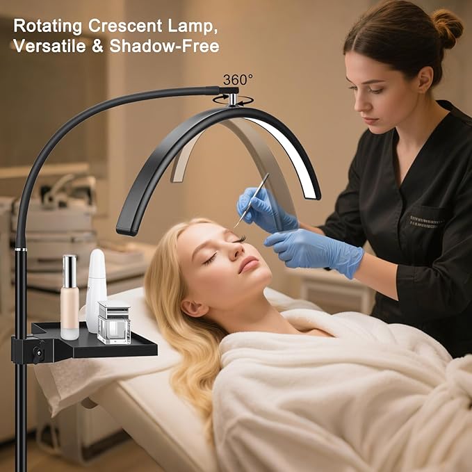 Half Moon LED Floor Light with Tool Tray for Lash Techs, Eyelash Extensions, Estheticians, Skincare, Nail Art, Tattoo Artists, Home & Office - Professional Shadow-Free Lamp | Dimmable (Black)