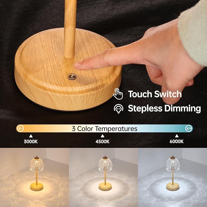 Tulip Table Lamp with 5200mAh Battery & Touch Control, Small Cordless Table Lamp with 3 Colors, Rechargeable Battery Operated Table Lamps for Bedroom, Desk, Bedside (Transparent-Beech Color)
