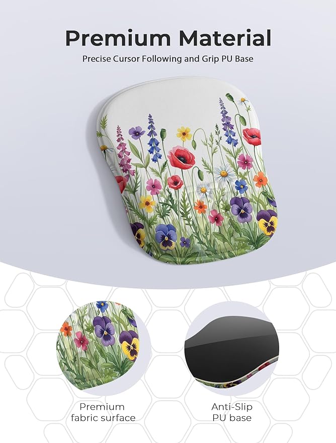 Wild Flower Bohemian Ergonomic Mouse Pad for Carpal Tunnel Pain Relief, 65% Usable Mouse Area, Memory Foam Concave Wrist Rest for for Office, PC, Gaming