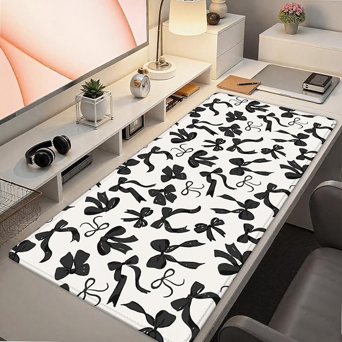 Coquette Black Bow Large Mouse Pad 31.5x15.7inch, Trendy Preppy Black White Bow Large Extended Computer Desk Mat Mousepad for Keyboard and Mouse, Girly Desk Accessories
