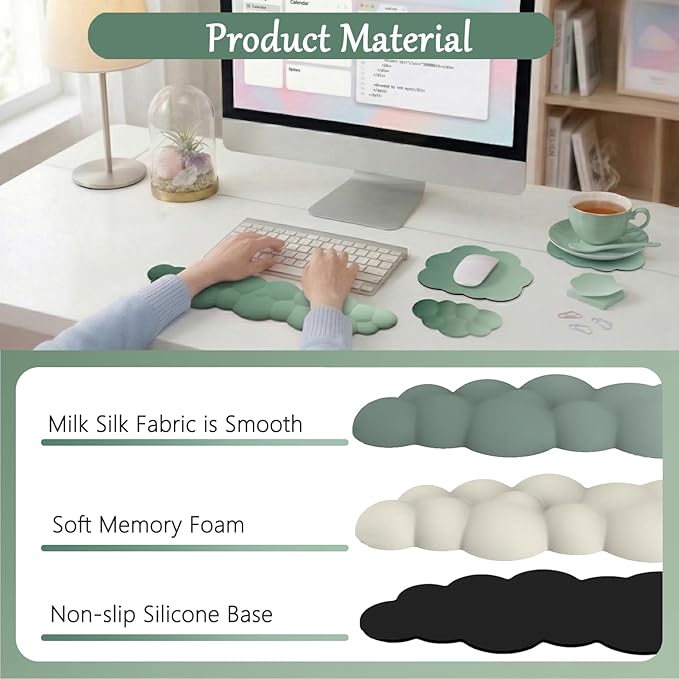 Cloud Mouse Pad Keyboard Wrist Rest for Mouse 4PCS Mini Small Desk Mat Pad Set Memory Foam Non-Slip Cute Ergonomic Gaming Mouse Wrist Support for Computer Home Office Gradient Green