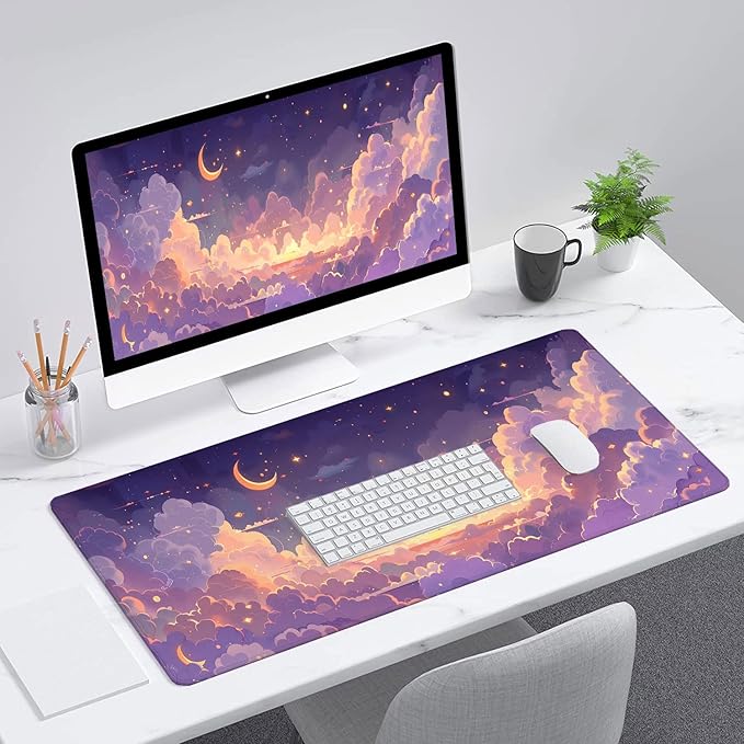 Cute Gaming Mouse Pad Desk Pad Kawaii Pink Purple Gold Clouds Mousepad XL Large Gaming Mouse Pad Laptop Keyboard Mat Desk Pad Office Home Decor for Women Girl 35.4"x15.7"