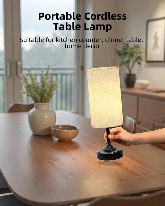 Wireless Lamp, 2-Pack, Ambient Light, Dimmable, 2700K, Timer, Touch Control, Portable, LED, Battery Operated, Rechargeable, Cordless, Desk Lamp, Kitchen Lamp, Fabric Shade, for Bedroom, Living Room
