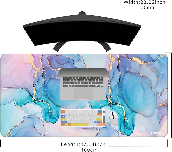 Mydours 48" x 24" Large Gaming Mouse Pad, Extended Desk Pad for Keyboard and Mouse with Non-Slip Rubber Base, Stitched Edges Computer Mouse Mat, Office Desk Mat Mousepad for Desktop & Laptop, Marble