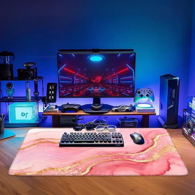 Pink Marble Extended Gaming Mouse Pad 35.4x15.7Inch Large Desk Mat Anti-Slip Rubber Base & Durable Stitched Edges for Gamers Smooth Mouse Writing Surface for Desk Office/Home
