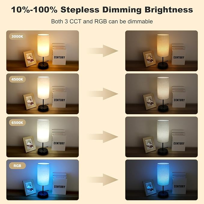 Unicozin Table Lamp Set of 2, 3 CCT 3000K/4500K/6500K & RGB Color Changing, Stepless Dimmable Small Bedside Lamp for Reading, Ambience Nightstand Light for Home Decor Party, Beige Shade