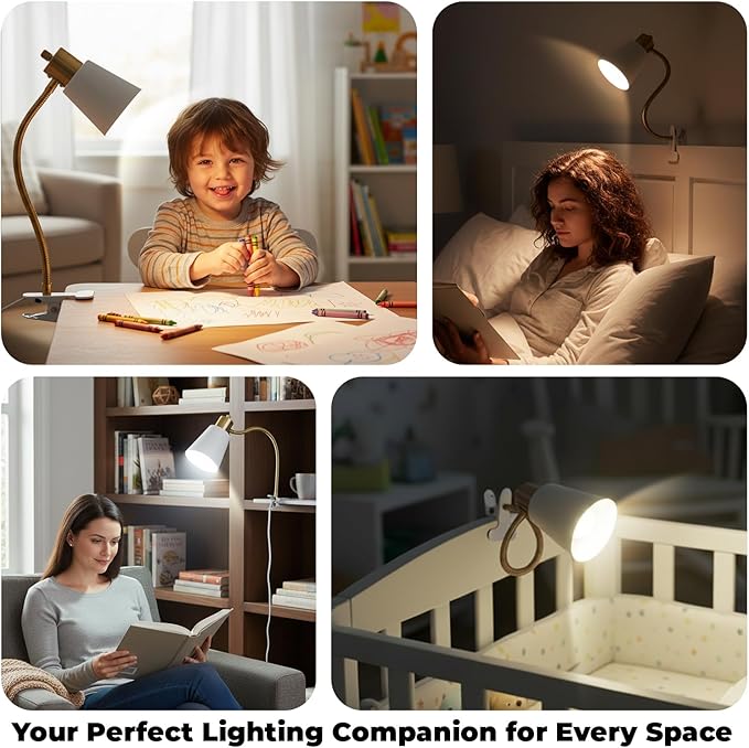 Desk lamp Eye-Caring Table Lamps, 360°Rotation Gooseneck Clip on Lamp Reading Light, Portable Reading Book Light, Clamp Light, Study Desk Lamps for Bedroom and Office Home Lighting (Black and White)