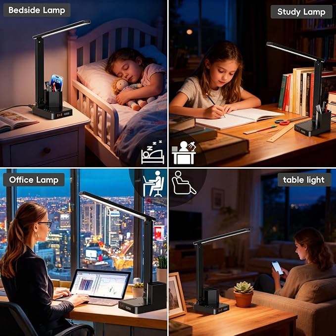 LED Desk Lamp with 3 USB Charging Ports 1 AC Outlet Small Table Lamp for Home Office/Bedroom/Study/College/Dorm Room Essentials, Foldable Reading Light w/Pen Holders for Craft/Artist/Puzzle/Nail/Task