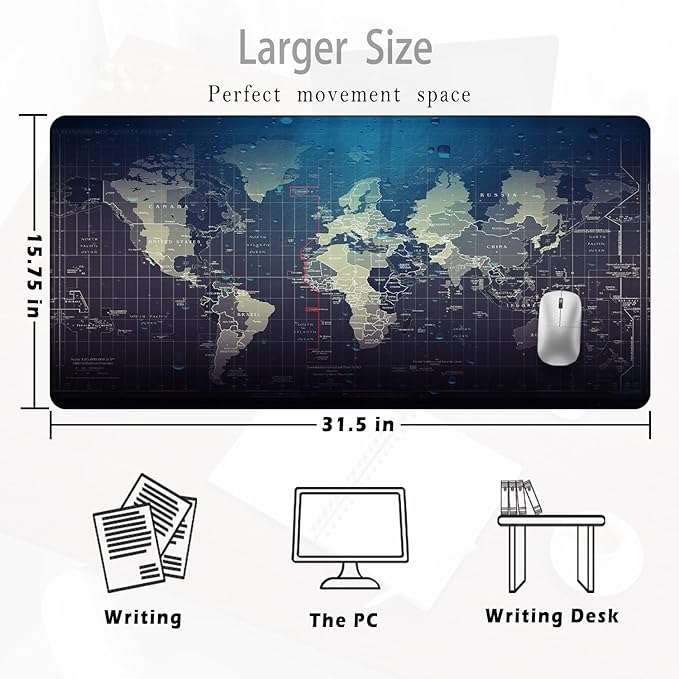 World Map Mouse Pad 31.5x15.7inch, Map of The World Mouse Pads for Wireless Mouse Computers Laptop Desk Accessories
