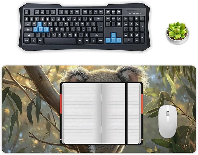Large Ergonomic Gaming Mouse Pad Baby Koala on Eucalyptus Branch - Adorable Wildlife Theme with Non-Slip Base Water-Resistant Surface and Stitched Edges 40x90cm