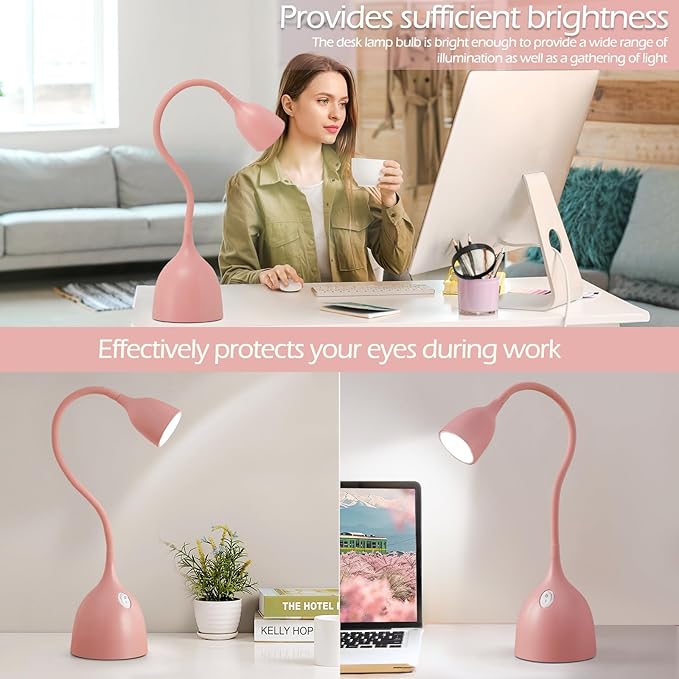 Gooseneck Desk Lamp 360° LED Flexible Reading Light Small Desk Lamps for Small Spaces Home Office Bedroom College Dorm Desk Bookshelf Nightstand Table Lamp (Pink)