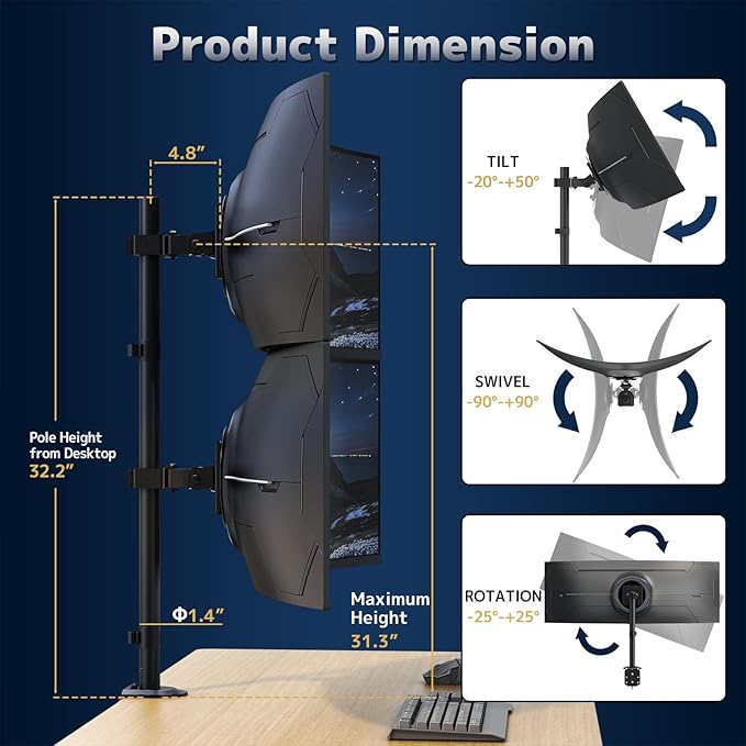 Heavy Duty Dual Monitor-Arm for 17-49'' - Double Vertically Stacked Monitor Mount, Extra Tall Ultrawide Desk Stand Holds up to 44 lbs per Screen, Vesa 75/100, Black