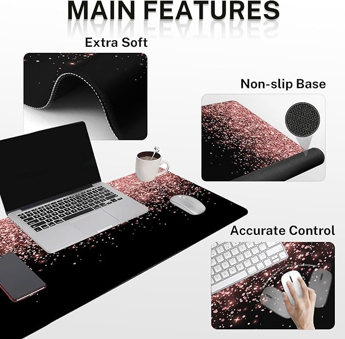 Britimes Rose Gold Pink Keyboard Mouse Pad Set Black Golden 4in1 Large Mousepad+Keyboard Wrist Rest+Mouse Wrist Rest+Coaster Ergonomic Design for Home Office Computer 35.4x15.7 inches