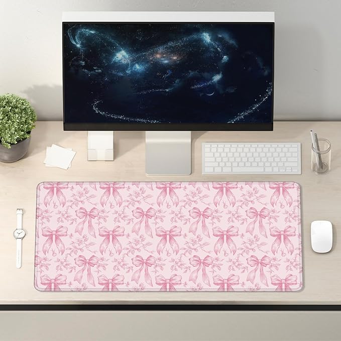 Coquette Pink Floral Large Mouse Pad 31.5x15.7inch, Trendy Girly Pink Bow Peony Flower Aesthetic Large Extended Computer Desk Mat Mousepad for Keyboard and Mouse, Preppy Desk Accessories